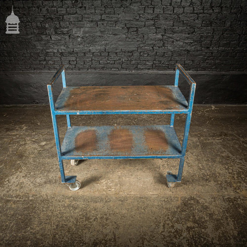 Vintage Industrial Blue Steel Wheeled Trolley Mobile Shelving Unit