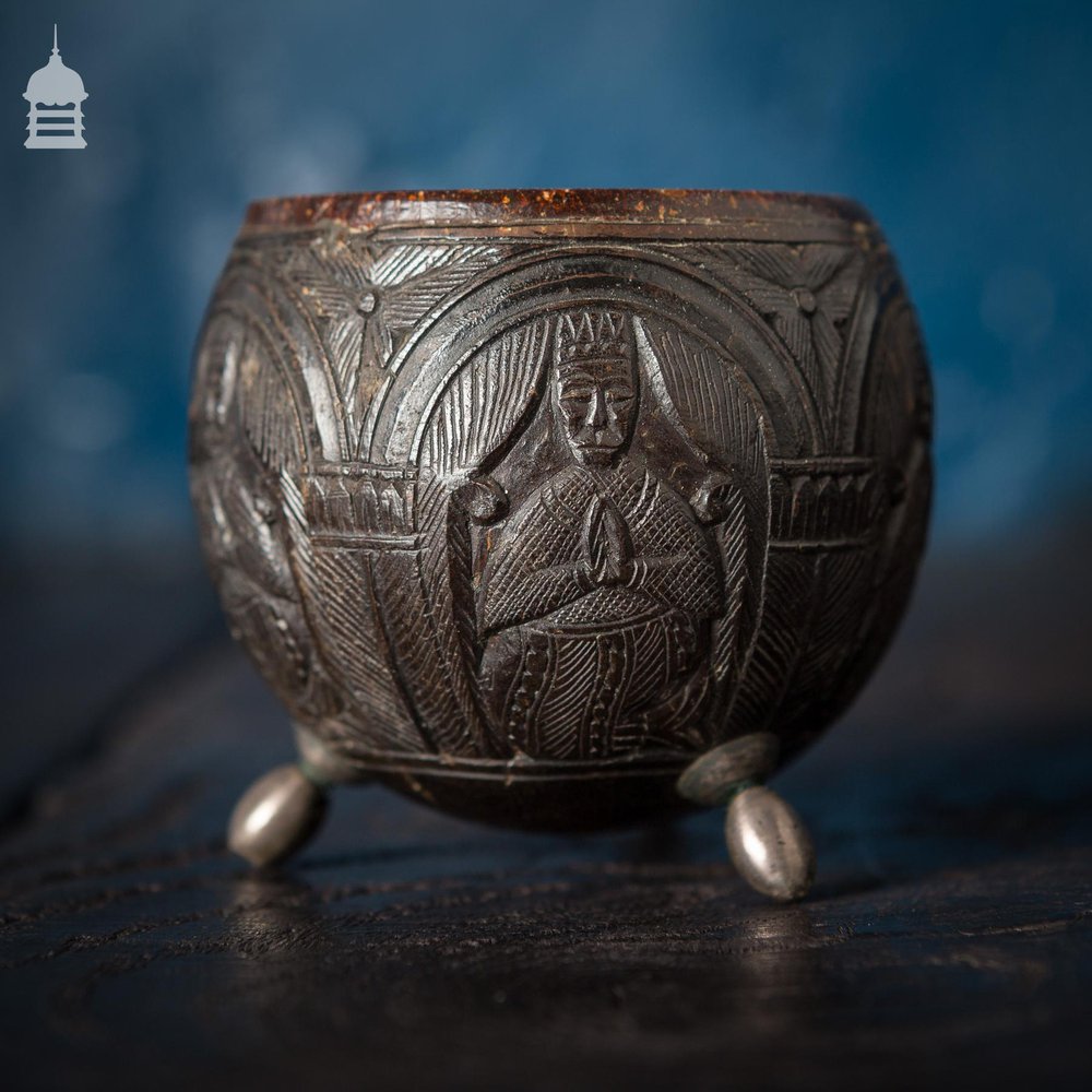 Pair of Antique South East Asian Carved Coconut Cups On Silver Feet