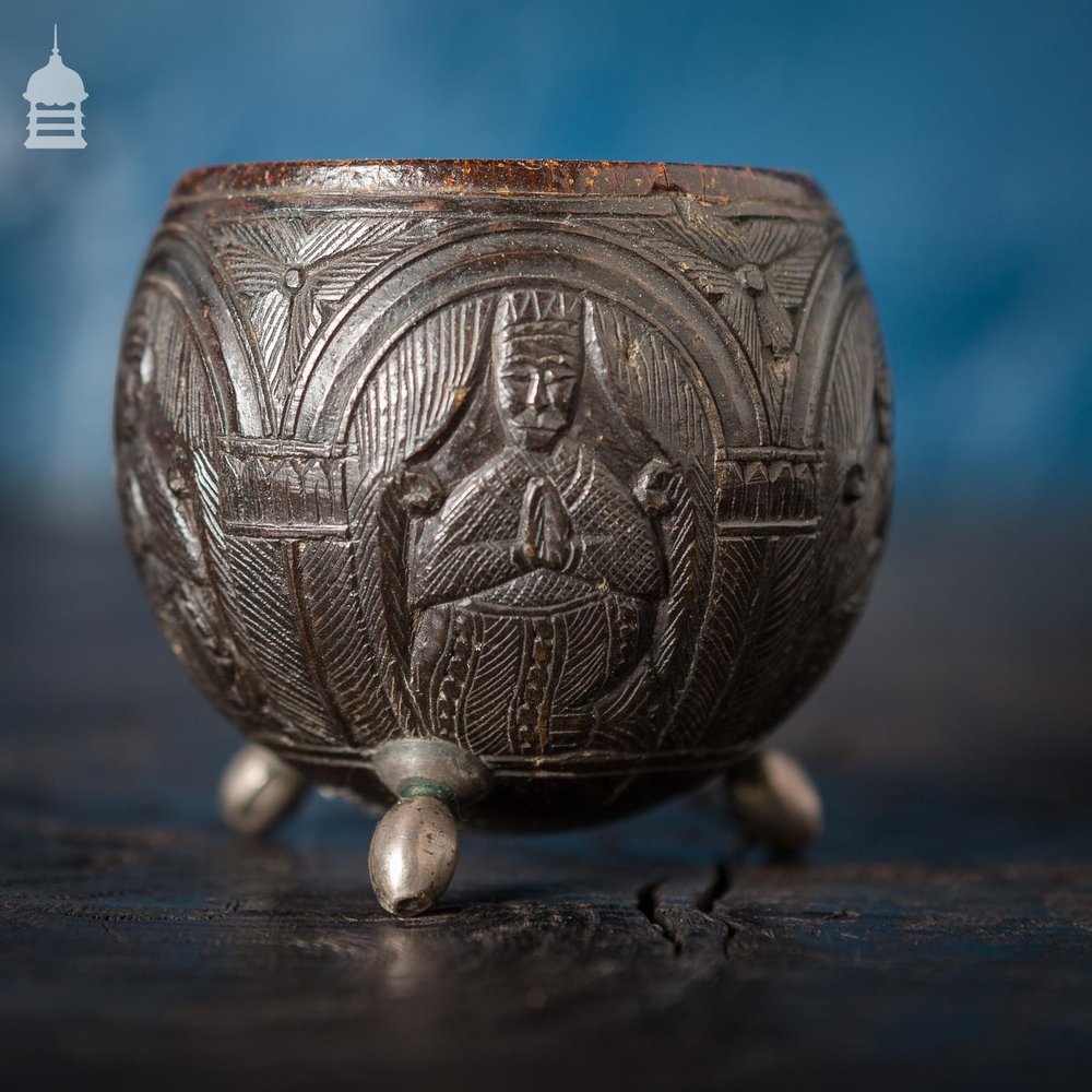 Pair of Antique South East Asian Carved Coconut Cups On Silver Feet