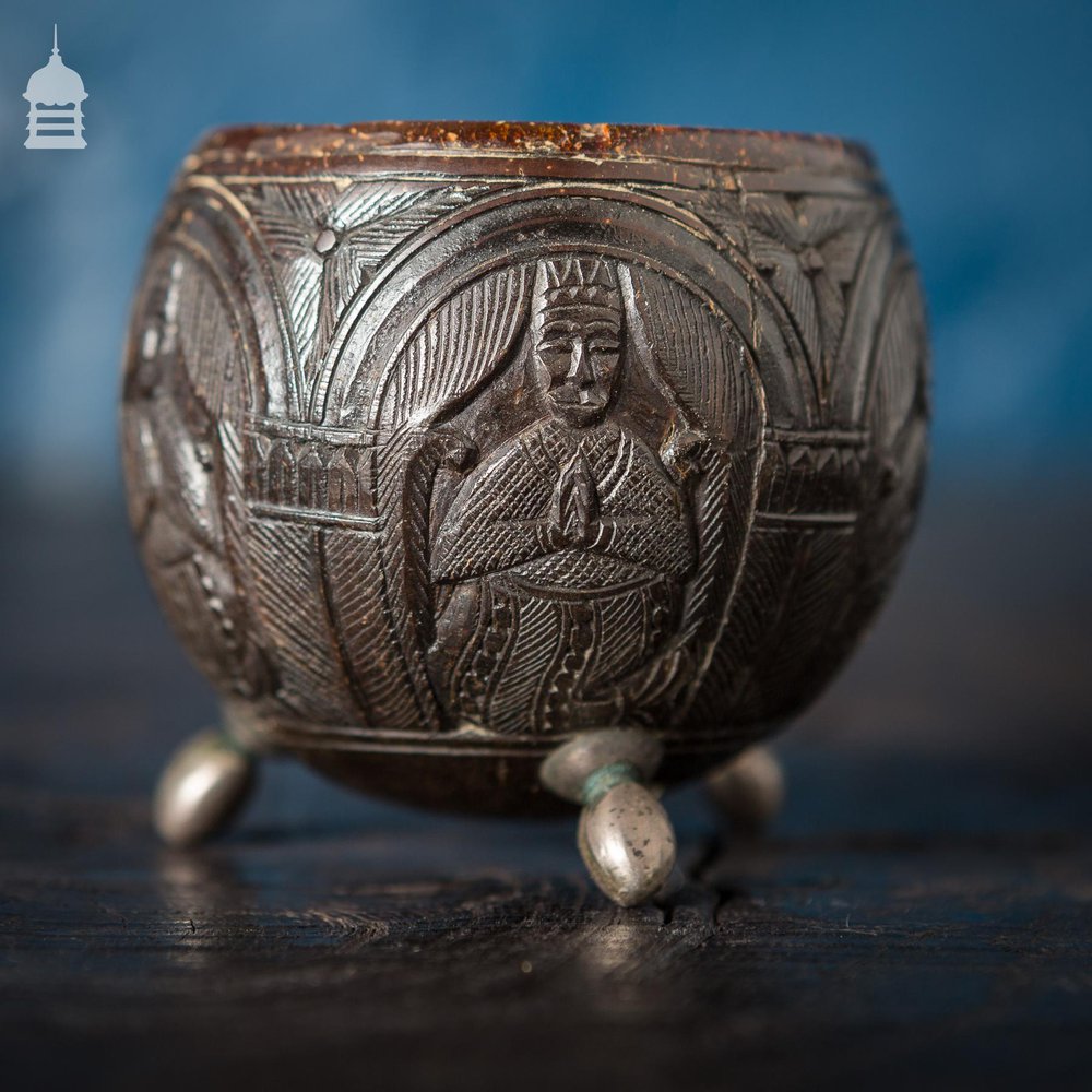 Pair of Antique South East Asian Carved Coconut Cups On Silver Feet