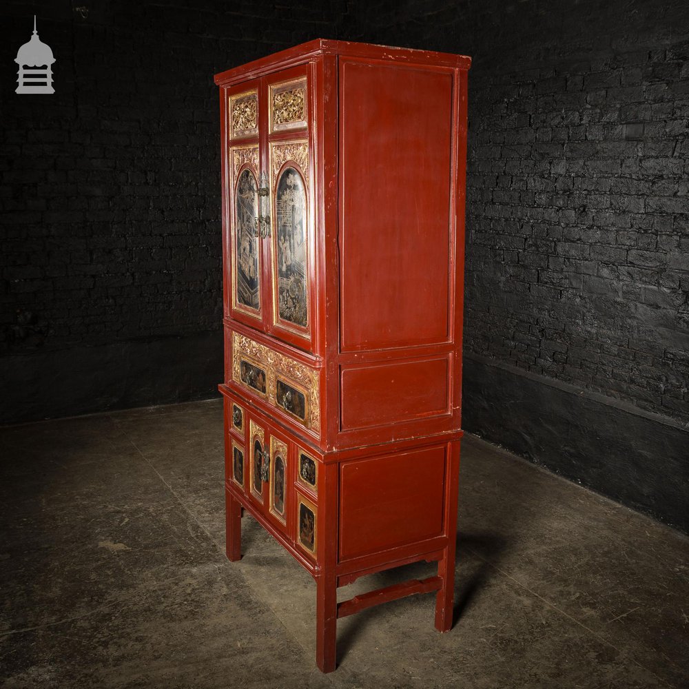 19th C Detailed Chinese Red Lacquer Cabinet