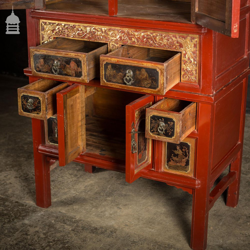 19th C Detailed Chinese Red Lacquer Cabinet