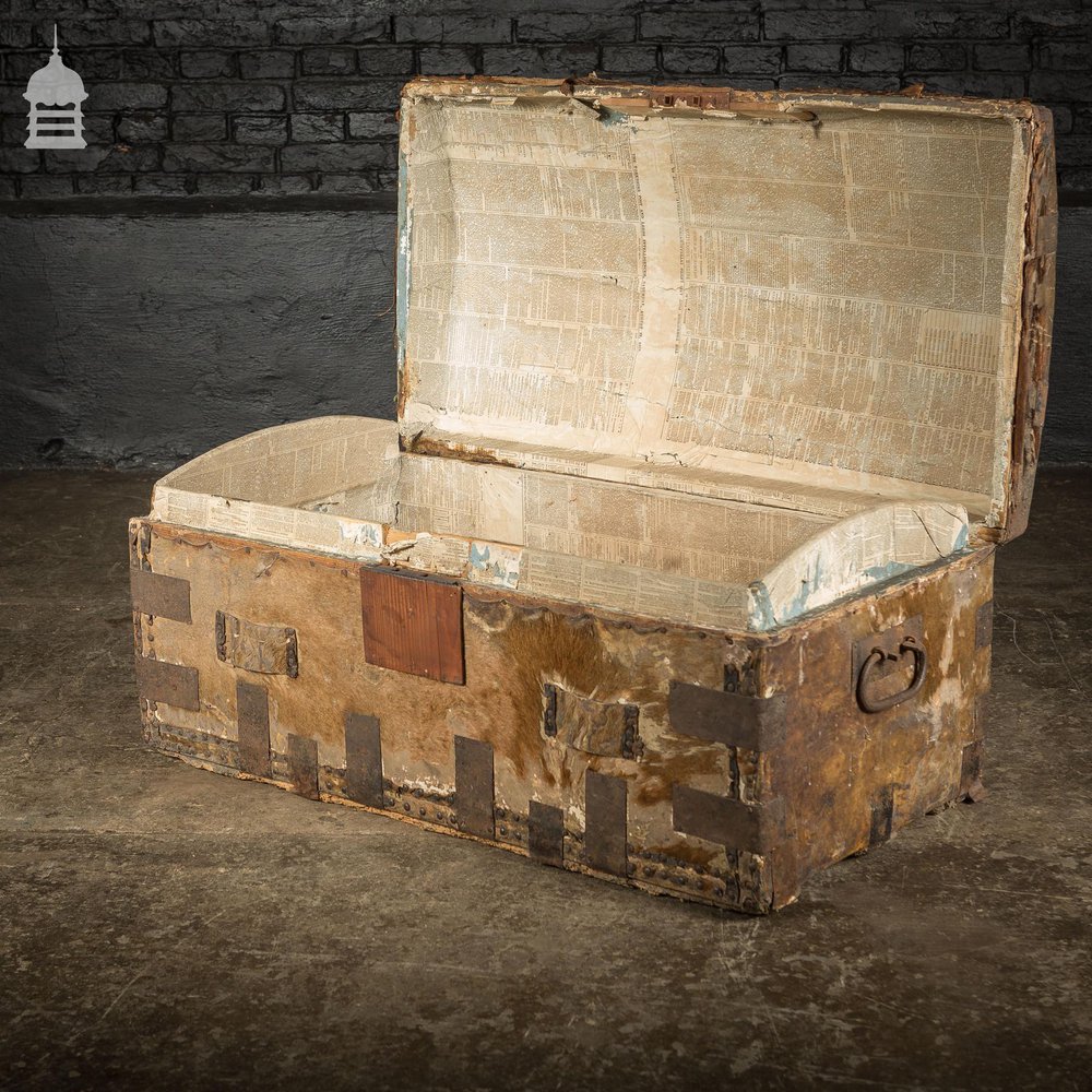 19th C Wooden Trunk covered in Hide with Metal Strapping, Studs and E.V Monogram on Lid