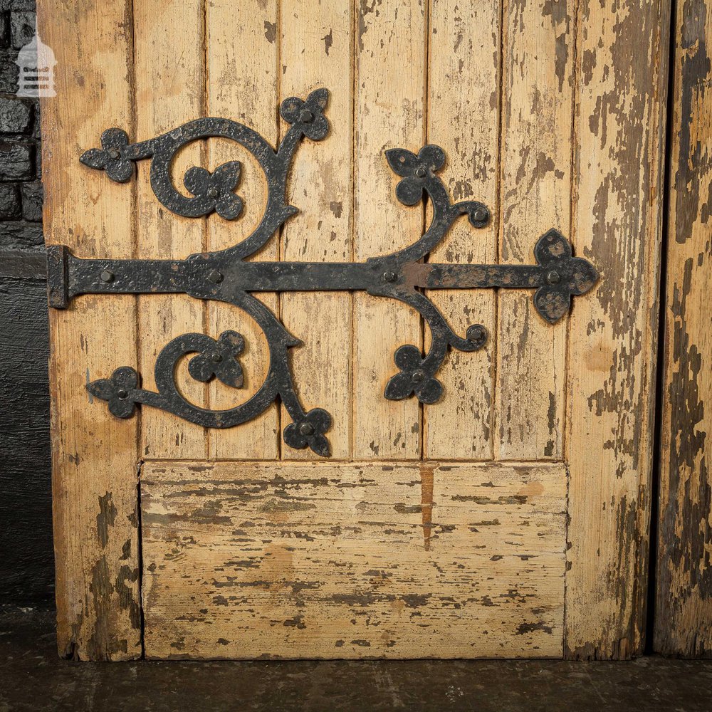 Pair of 19th C Pine Arched Top Ecclesiastical Church Chapel Doors with Ornate Ironmongery