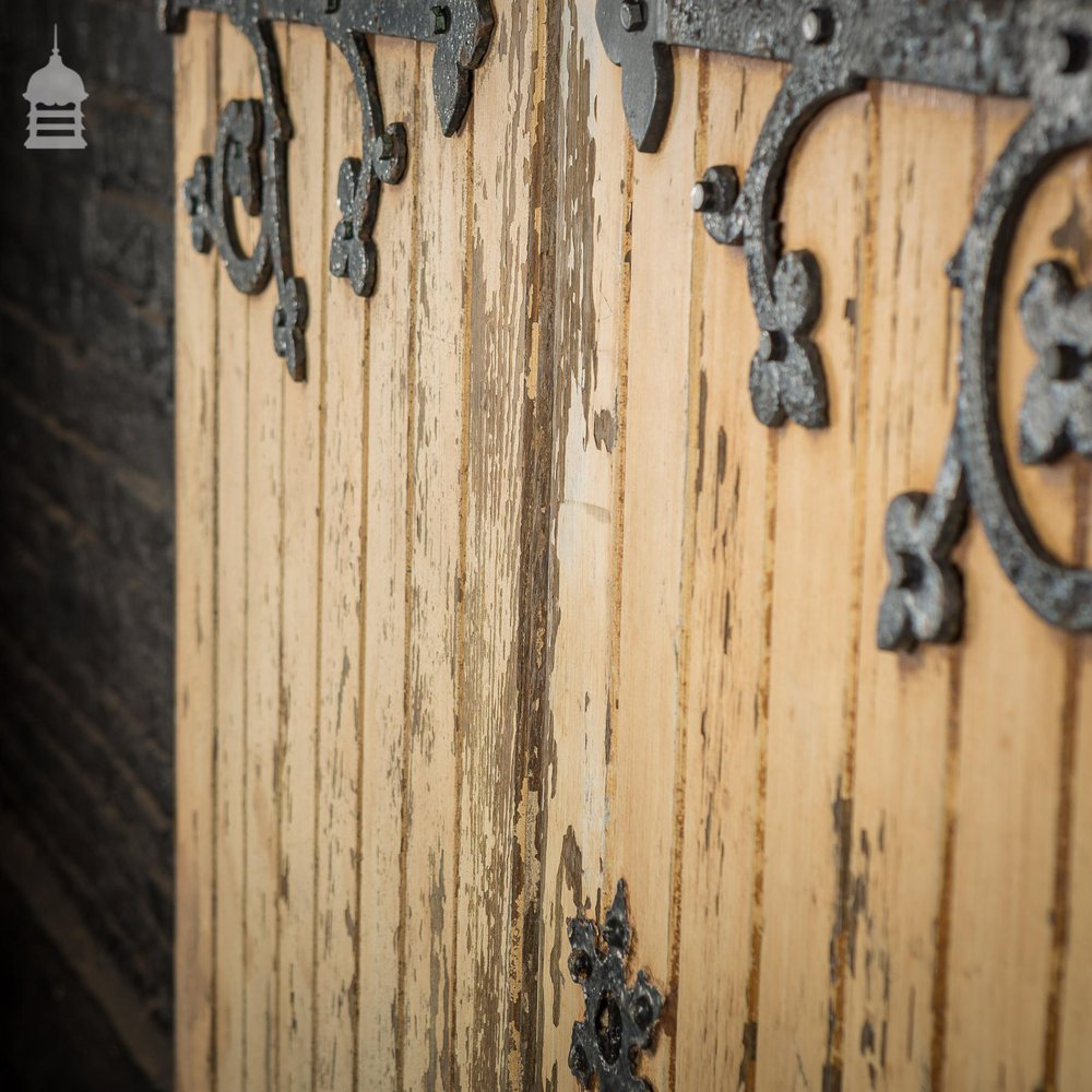 Pair of 19th C Pine Arched Top Ecclesiastical Church Chapel Doors with Ornate Ironmongery