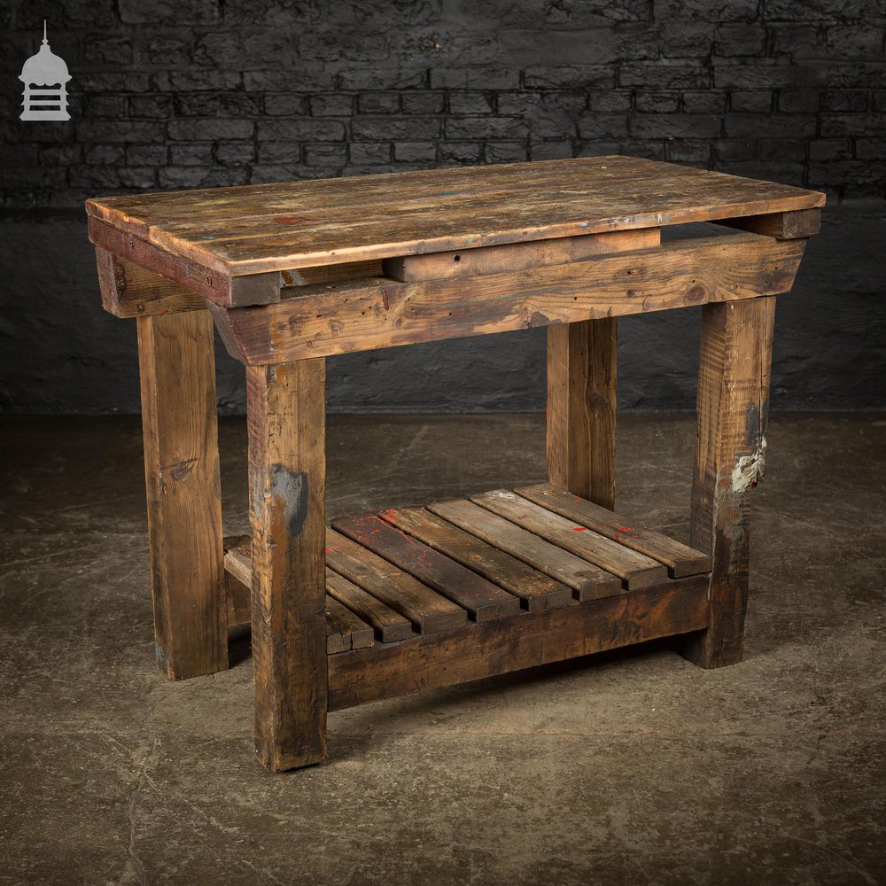 Industrial Pine Workbench Table with Slatted Shelf