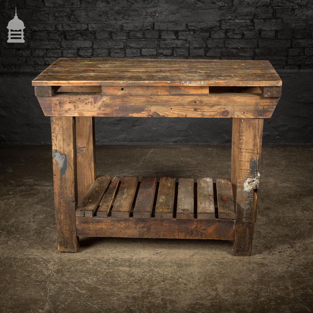 Industrial Pine Workbench Table with Slatted Shelf