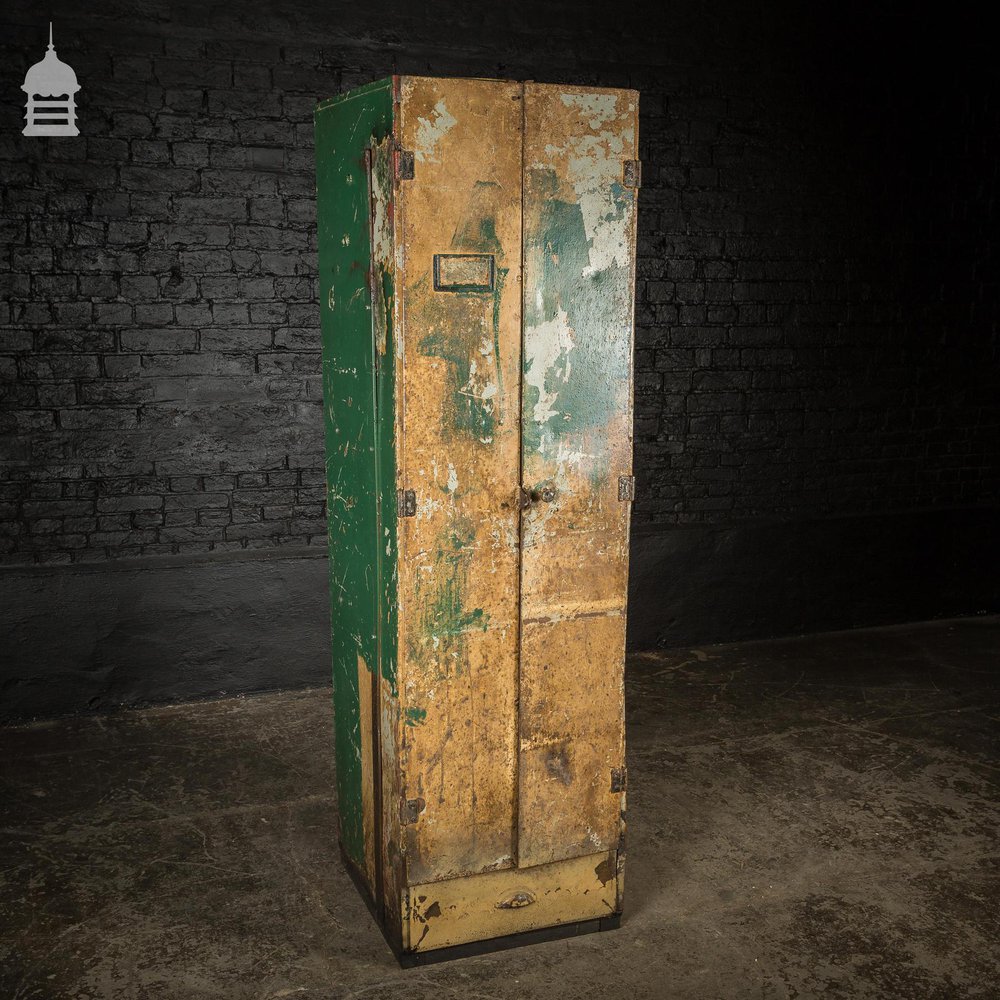 Vintage Metal Workshop Cabinet Cupboard with Shelves and Two Drawers