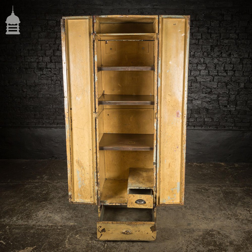 Vintage Metal Workshop Cabinet Cupboard with Shelves and Two Drawers