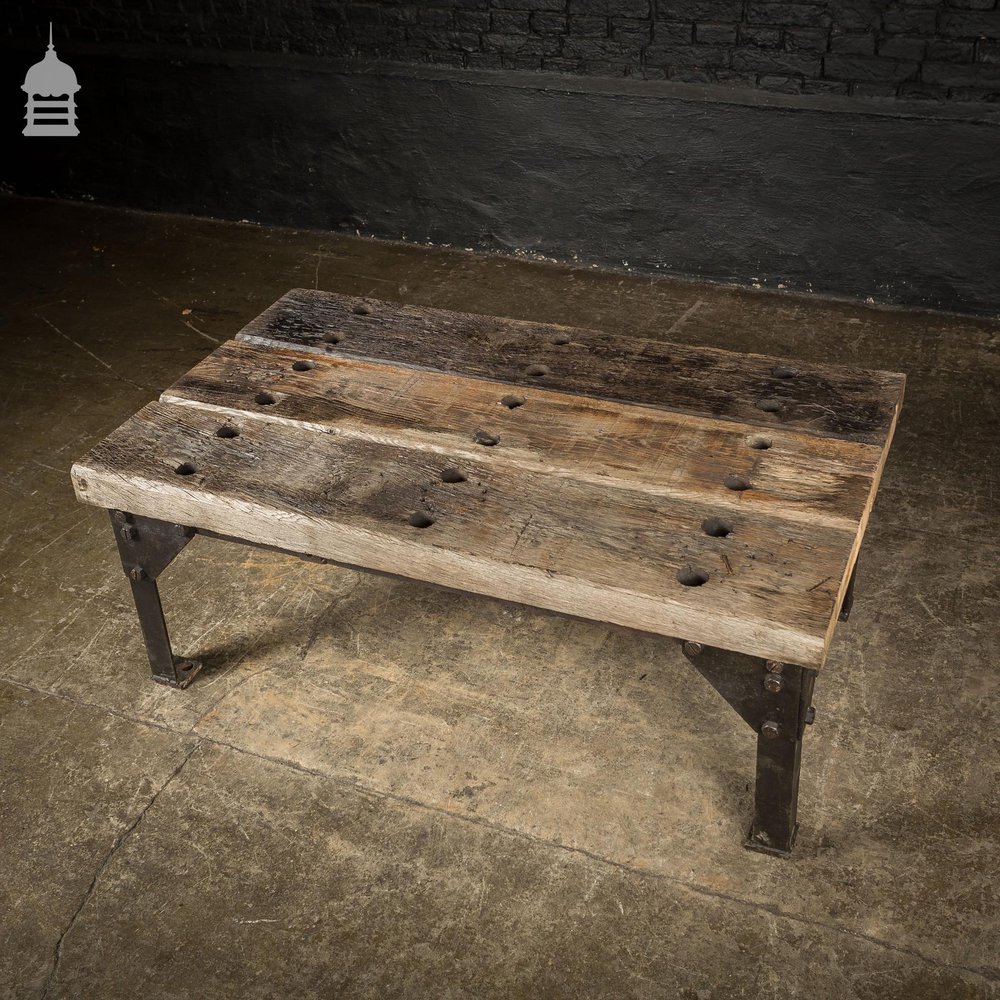 Vintage Industrial Steel Base with Reclaimed Oak 3 Plank Top Coffee Table