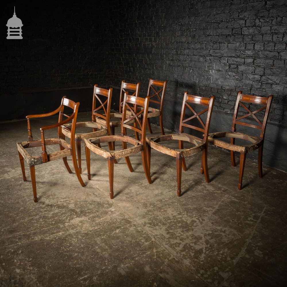 Set of Six George III Reeded Mahogany Dining Chairs and One Carver Chair Ready for Upholstery