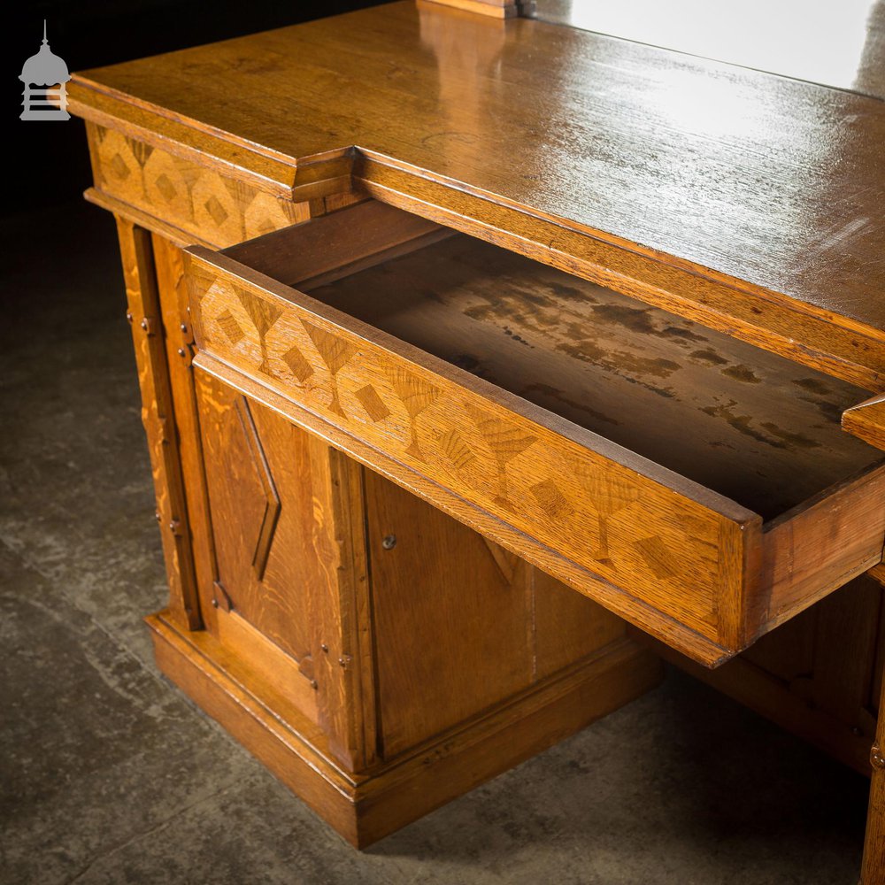 Arts and Crafts Oak with Inlaid Teak Pedestal Sideboard with Mirror from Norwich Cathedral