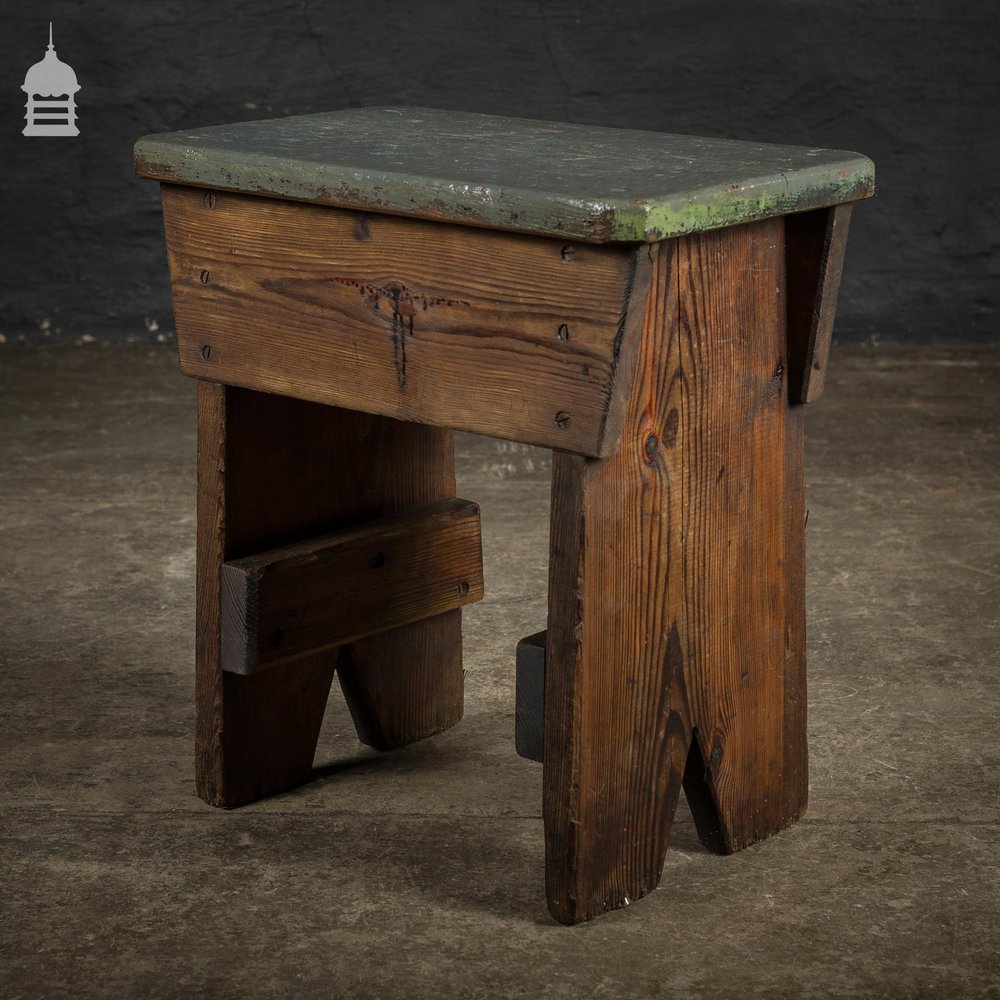 Vintage Industrial Pine Stool with Grey Painted Seat
