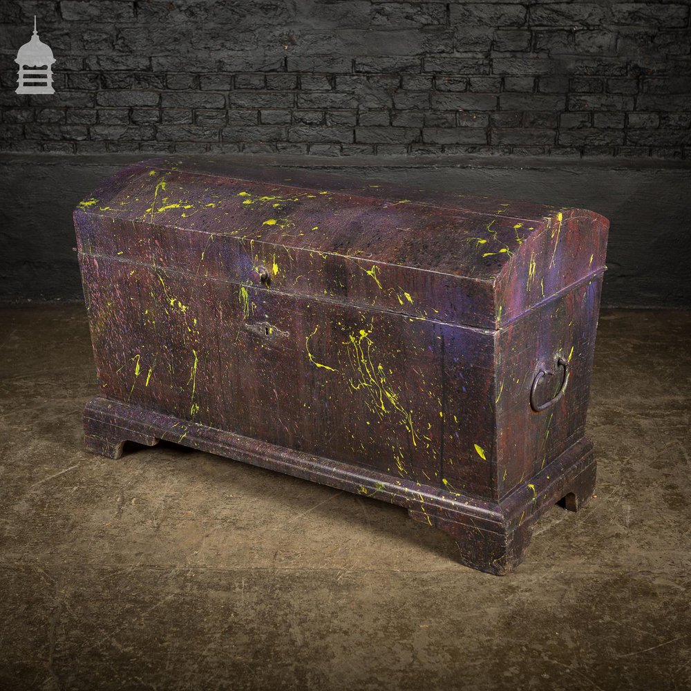 19th C Pine Trunk Chest with Distressed Purple Paint Finish