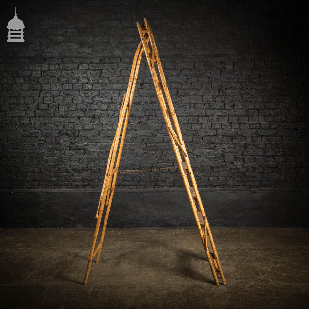 19th C Folding Bamboo and Pine A-Steps Ladder