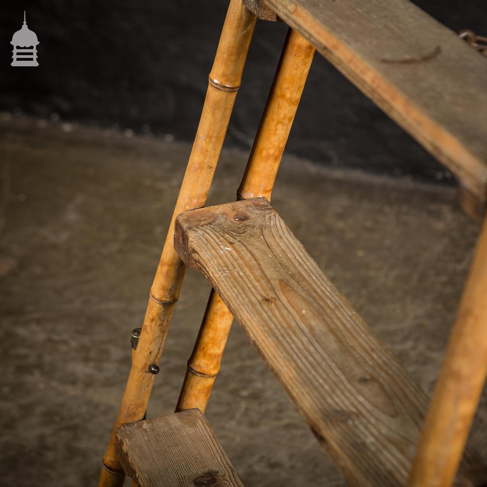 19th C Folding Bamboo and Pine A-Steps Ladder