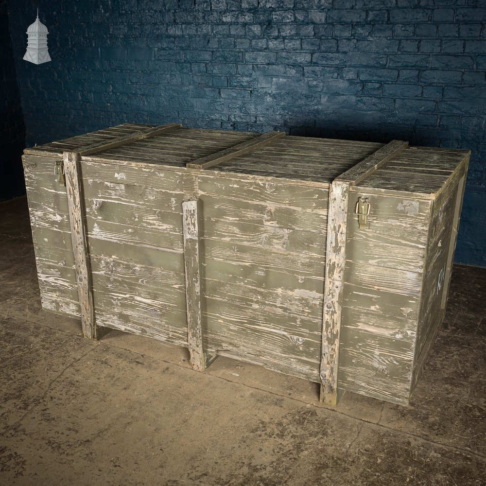 Large Wooden Aircraft Part Shipping Crate Box Reclaimed from a Norfolk RAF Base with Distressed Military Green Painted Finish