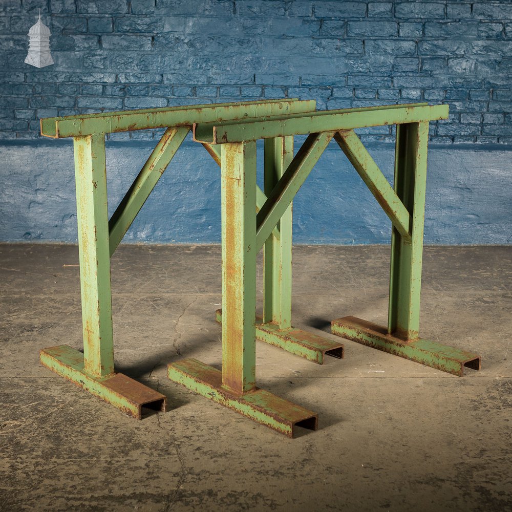 Pair of Large Green Painted Heavy Duty Steel Industrial Workshop Trestles