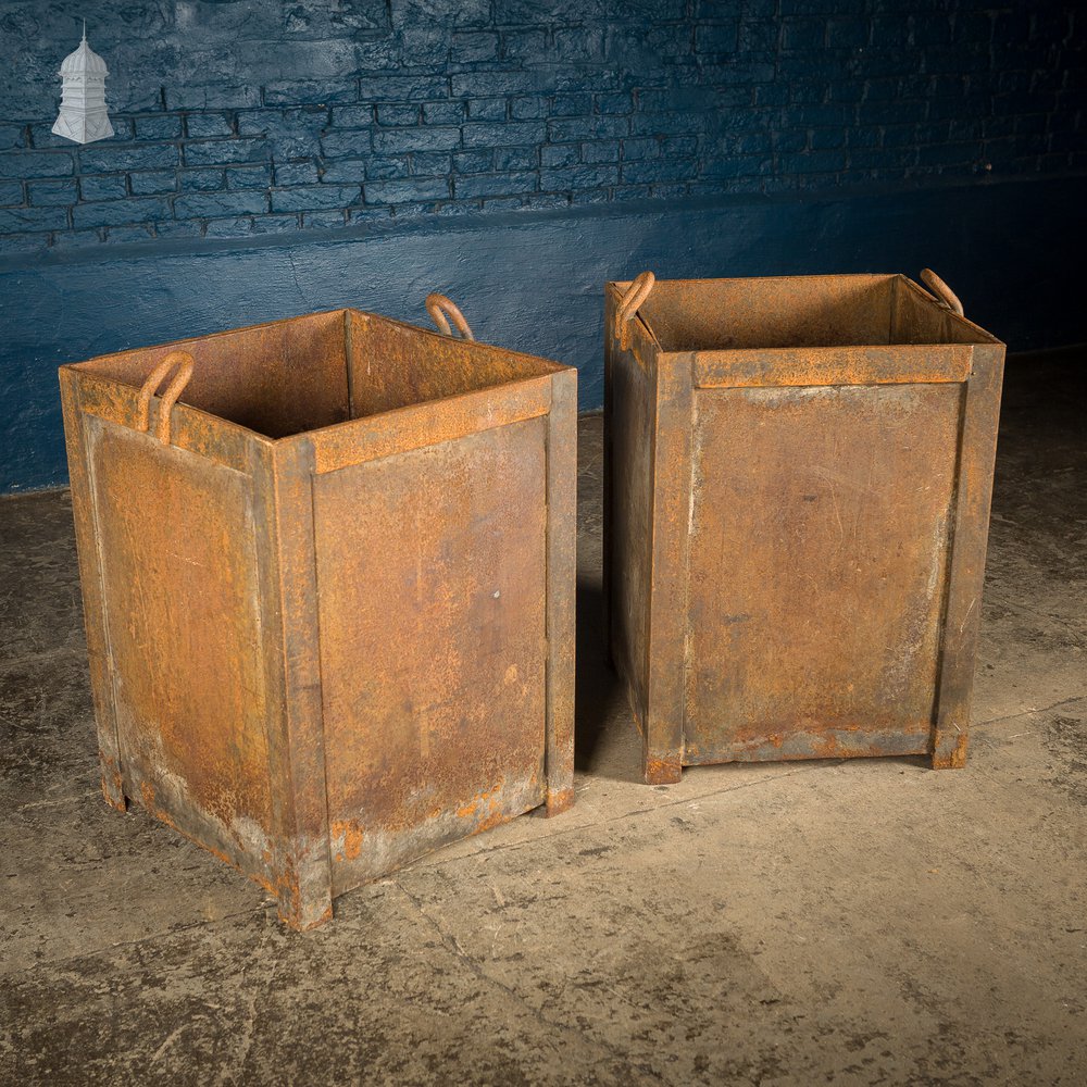 Pair of Vintage Heavy Duty Industrial Steel Workshop Bins Planters