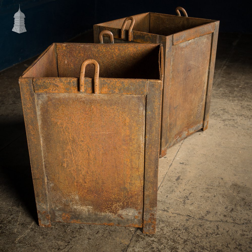 Pair of Vintage Heavy Duty Industrial Steel Workshop Bins Planters