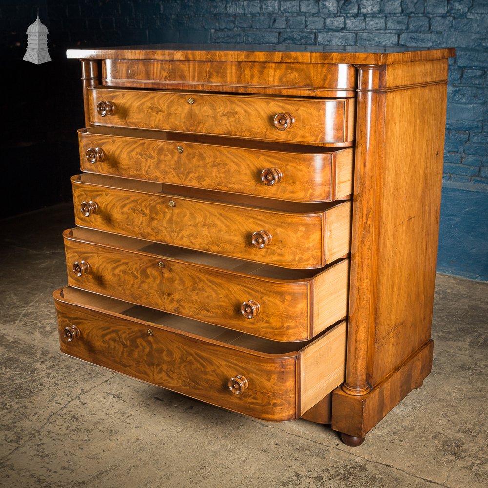 19th C Impressive Bow Fronted Flanked Column Mahogany Chest of Drawers