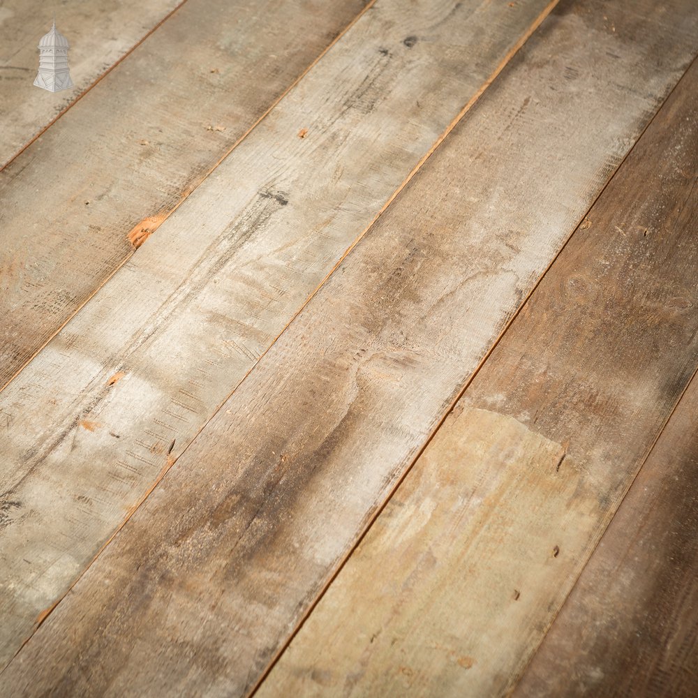 Batch of 22 Square Metres of 7" Wide Oxidized Pine Floorboards Cut from Floor Joists Salvaged From Norwich Castle