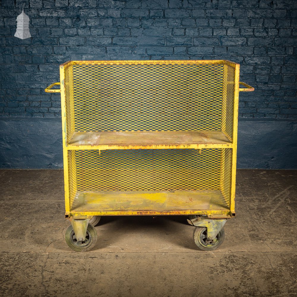 Vintage Yellow Painted Steel Industrial Wheeled Trolley Shelving Unit