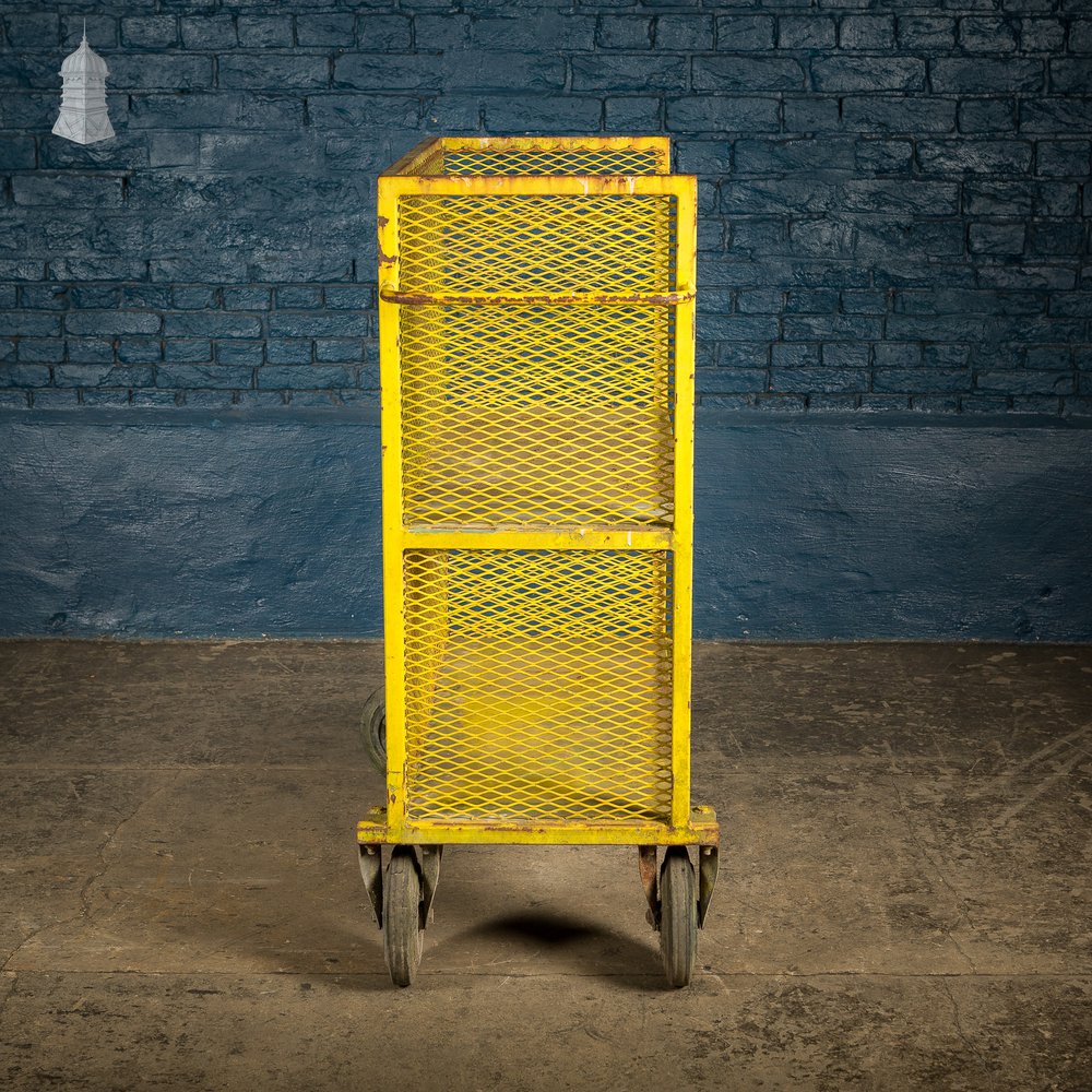 Vintage Yellow Painted Steel Industrial Wheeled Trolley Shelving Unit