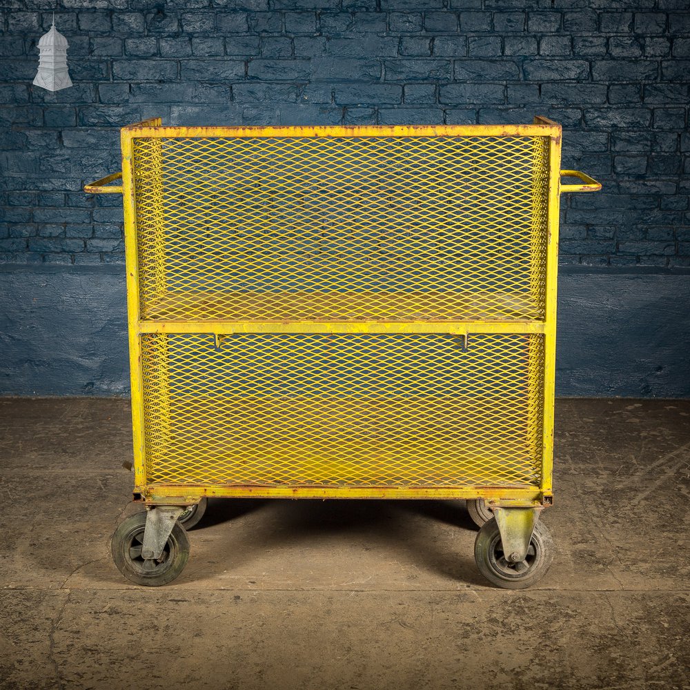 Vintage Yellow Painted Steel Industrial Wheeled Trolley Shelving Unit