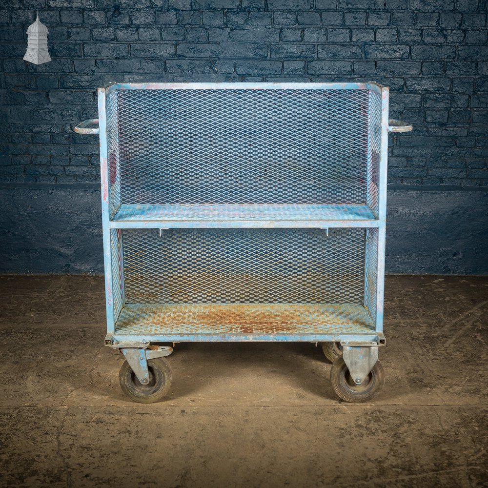 Vintage Blue Painted Steel Industrial Wheeled Trolley Shelving Unit