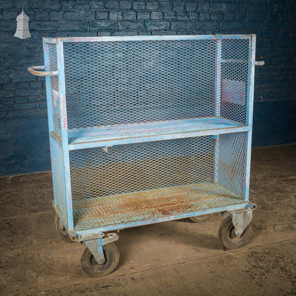 Vintage Blue Painted Steel Industrial Wheeled Trolley Shelving Unit