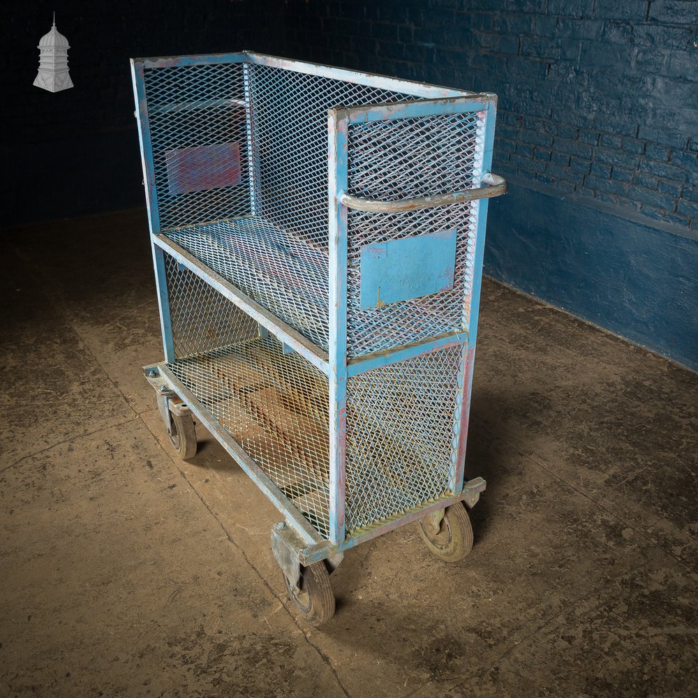 Vintage Blue Painted Steel Industrial Wheeled Trolley Shelving Unit