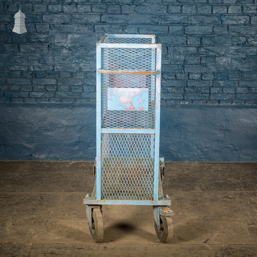 Vintage Blue Painted Steel Industrial Wheeled Trolley Shelving Unit