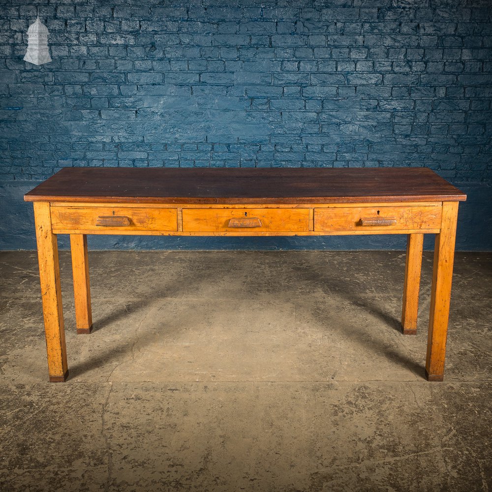 Oak and Iroko Mid Century School Science Lab Bench Table With 3 Drawers