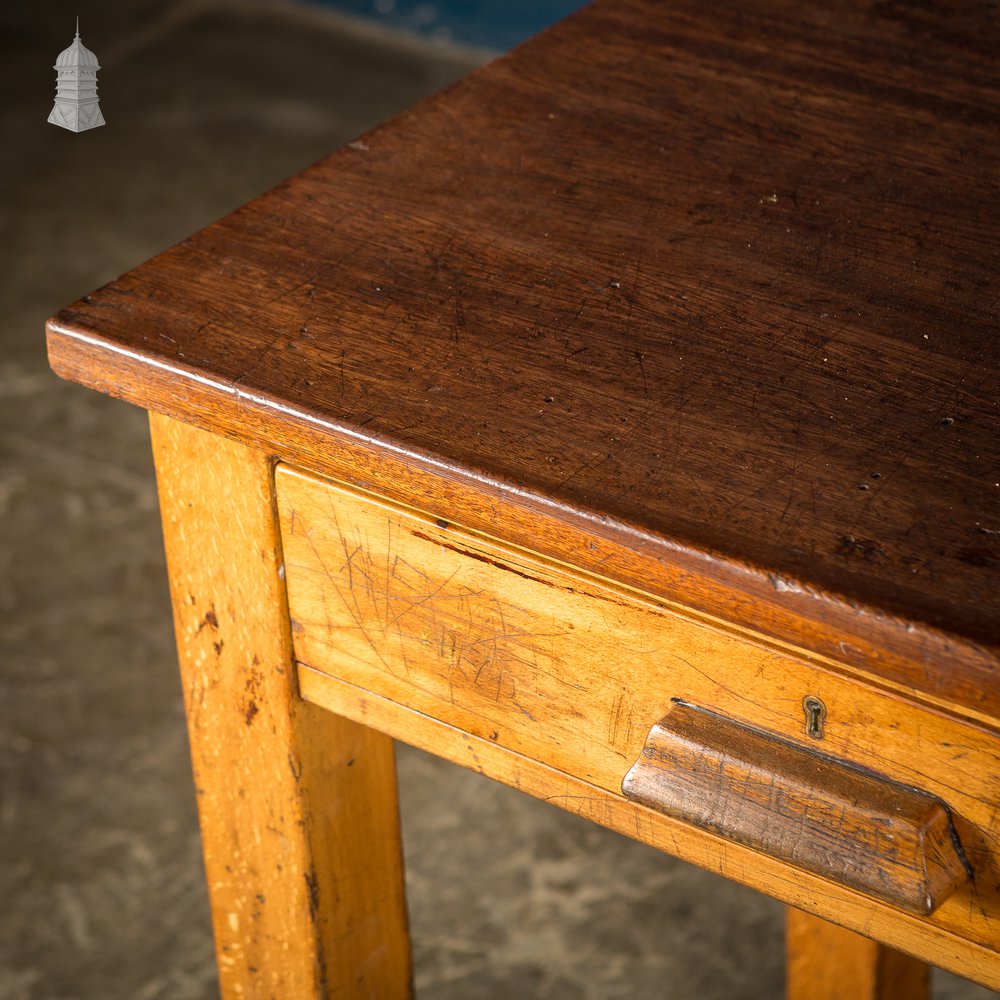 Oak and Iroko Mid Century School Science Lab Bench Table With 3 Drawers