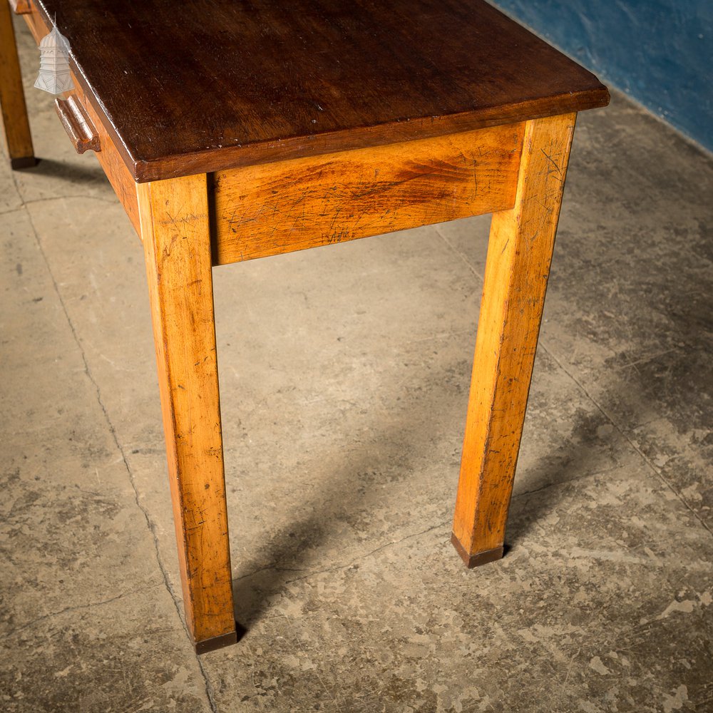 Oak and Iroko Mid Century School Science Lab Bench Table With 3 Drawers