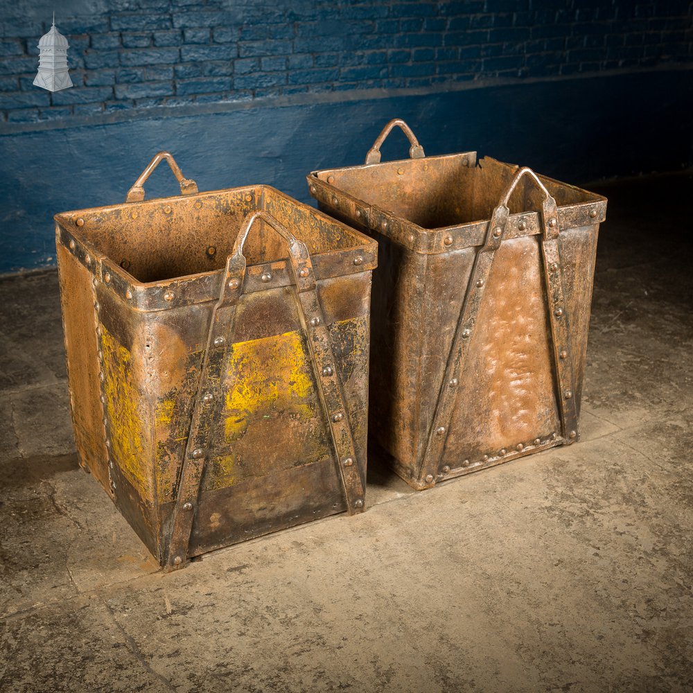 Pair of Riveted Steel Industrial Storage Bins with Waxed Finish