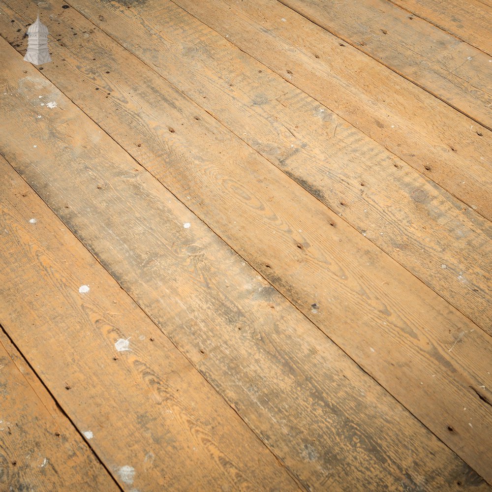 Batch of 45 Square Metres of Long Oxidised Face Pine Floorboards with Planned Backs Cut From Reclaimed Timbers