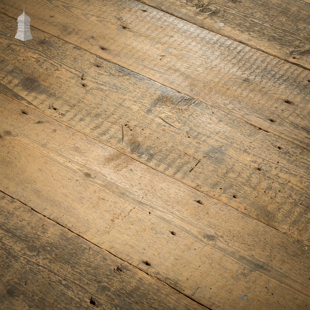 Batch of 45 Square Metres of Long Oxidised Face Pine Floorboards with Planned Backs Cut From Reclaimed Timbers