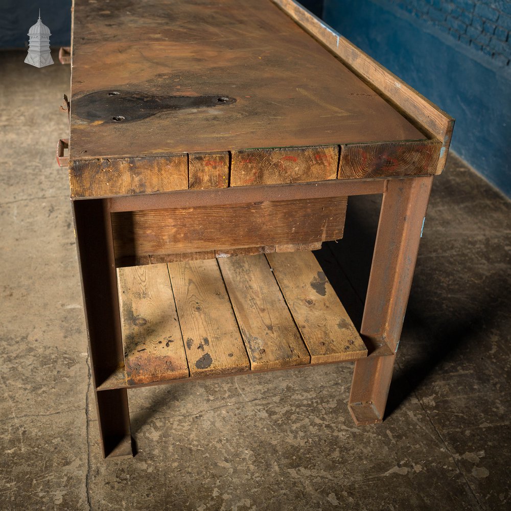 Large Vintage Steel and Timber Industrial Workshop Bench with 2 Drawers