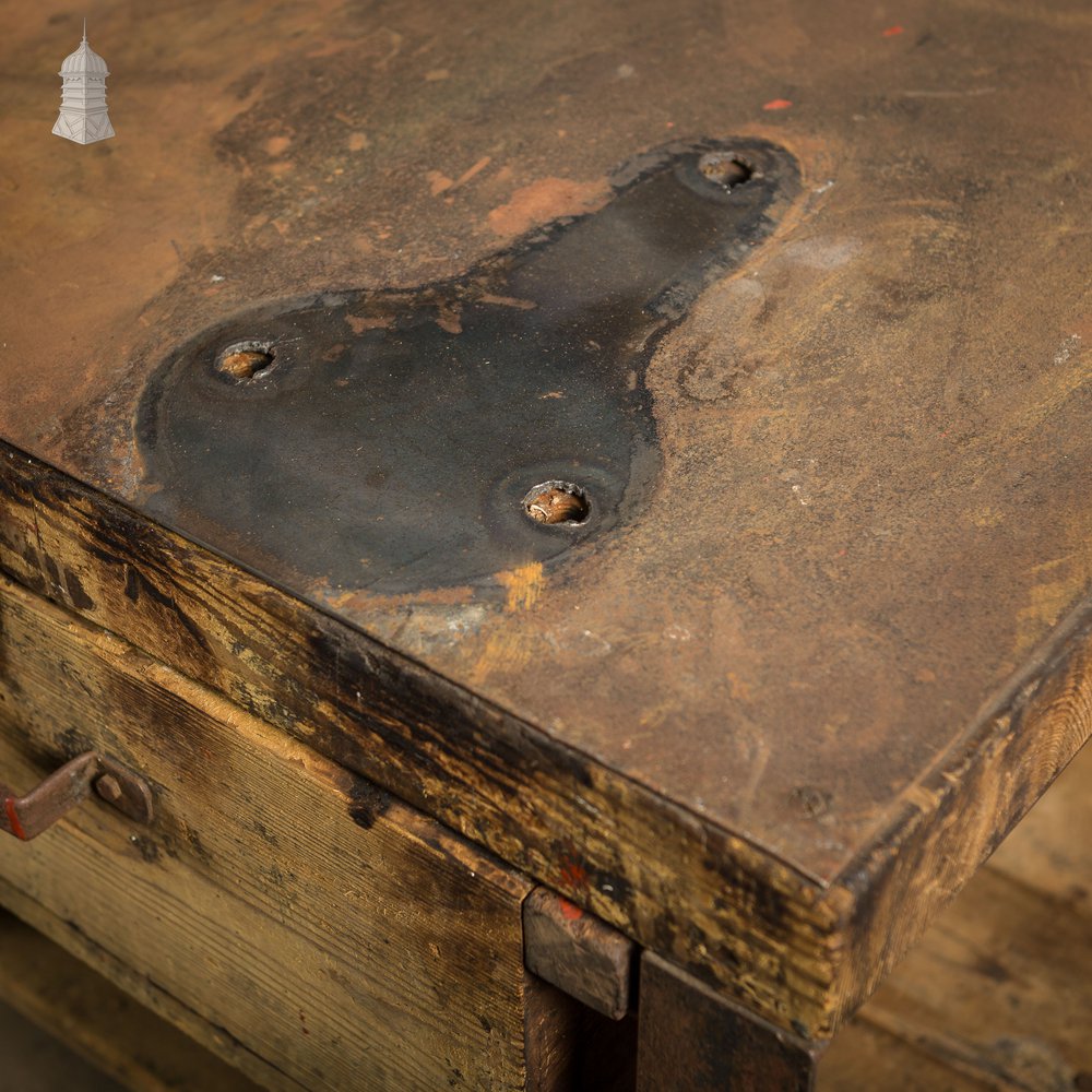 Large Vintage Steel and Timber Industrial Workshop Bench with 2 Drawers