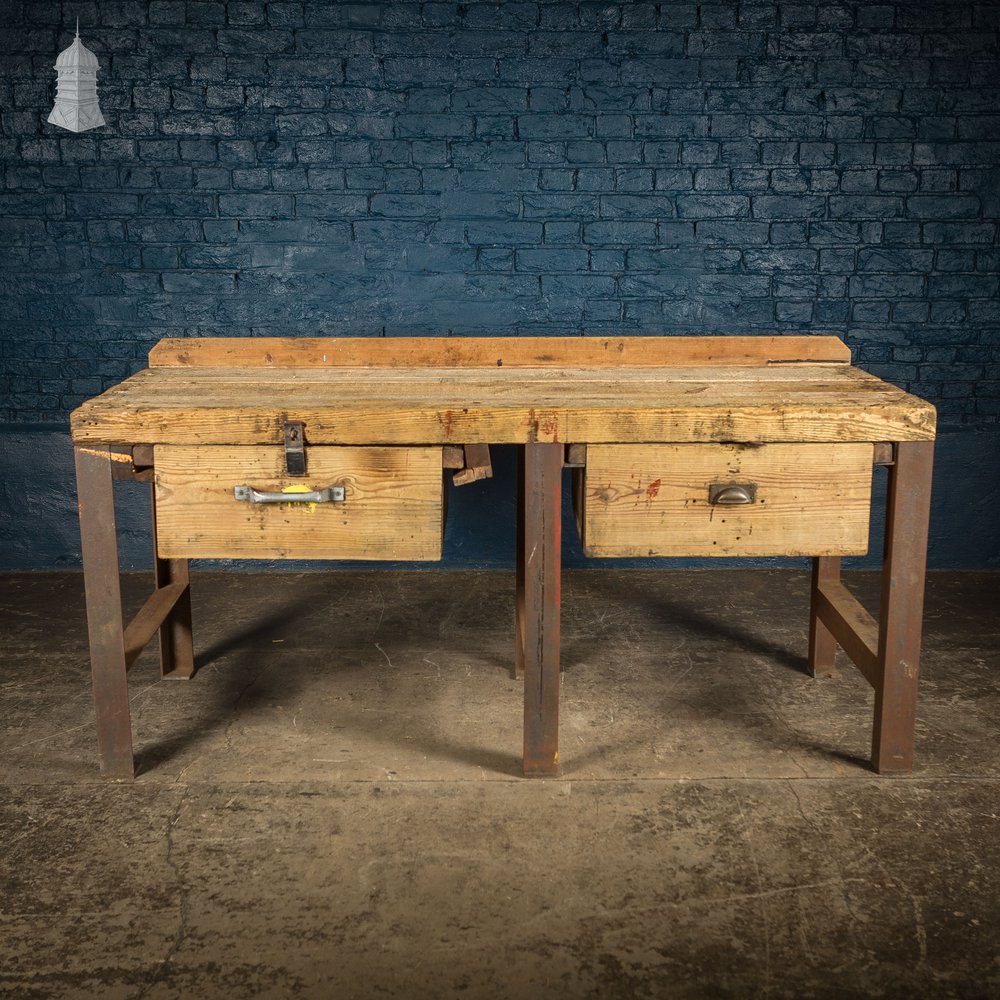 Large Steel and Timber Industrial Workshop Bench Table with Drawers