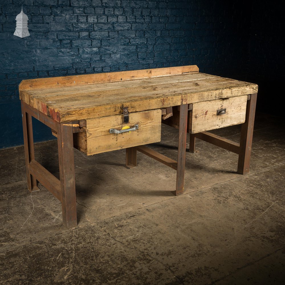 Large Steel and Timber Industrial Workshop Bench Table with Drawers