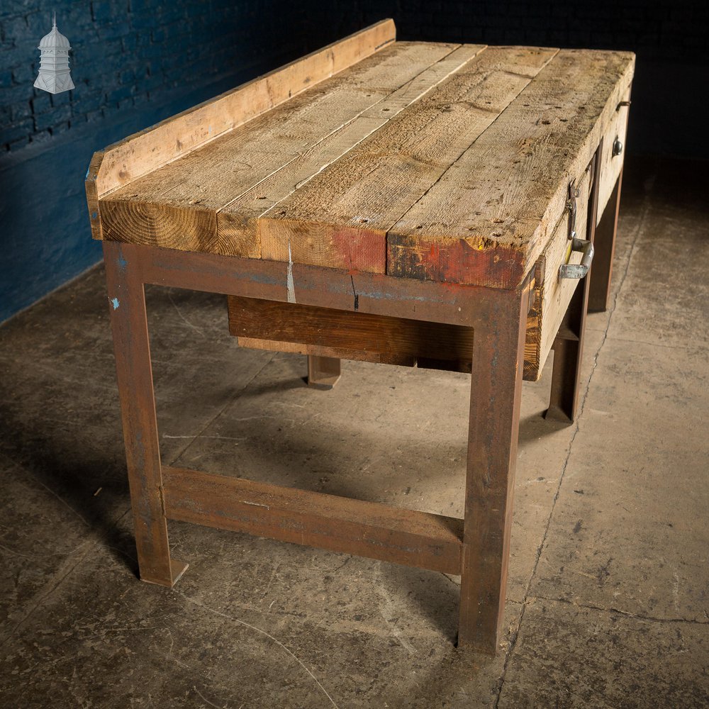 Large Steel and Timber Industrial Workshop Bench Table with Drawers