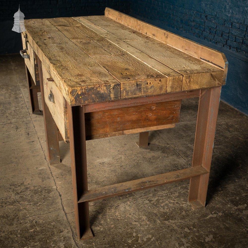 Large Steel and Timber Industrial Workshop Bench Table with Drawers