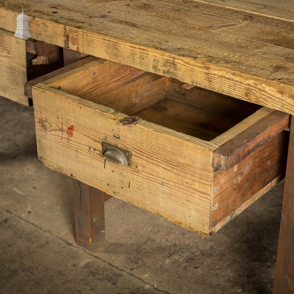 Large Steel and Timber Industrial Workshop Bench Table with Drawers