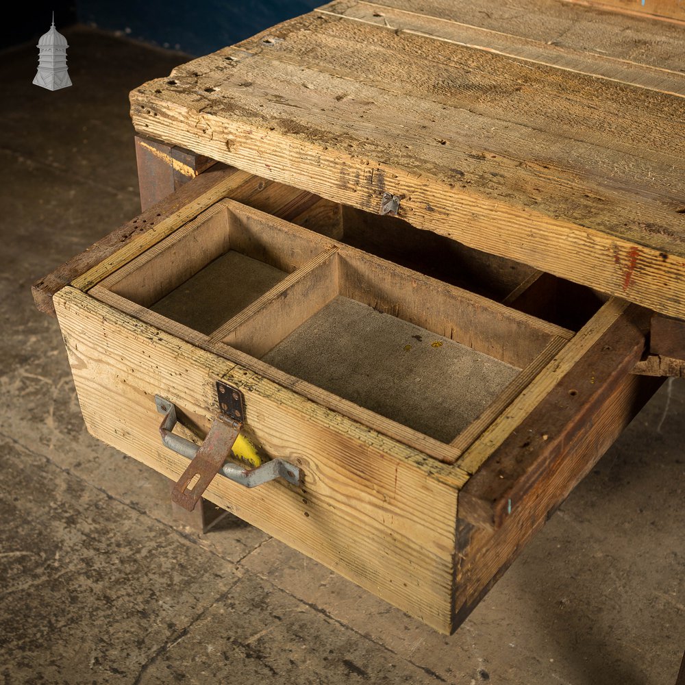 Large Steel and Timber Industrial Workshop Bench Table with Drawers