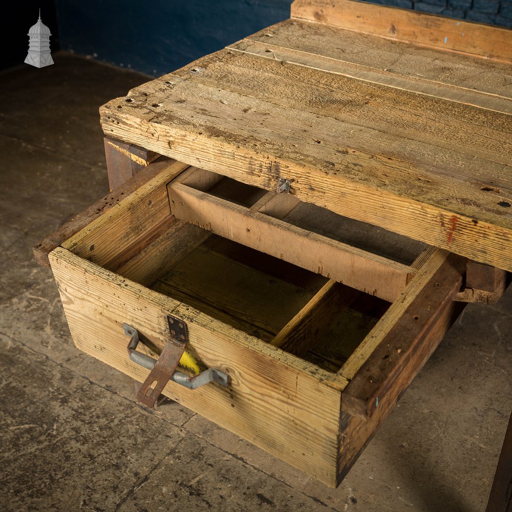 Large Steel and Timber Industrial Workshop Bench Table with Drawers