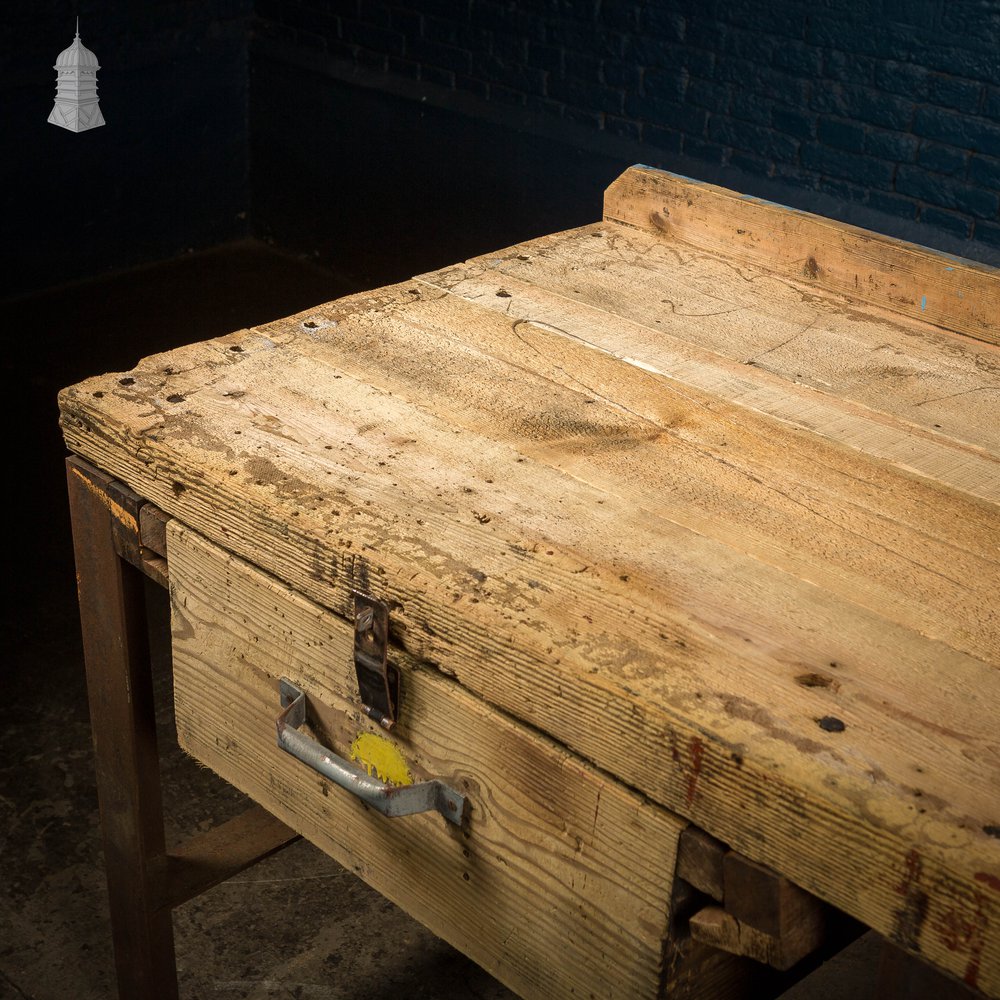 Large Steel and Timber Industrial Workshop Bench Table with Drawers