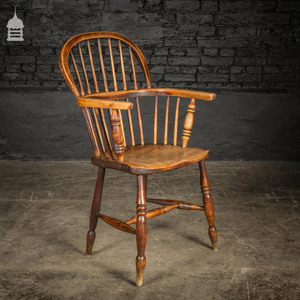 19th C Country Elm Hoop and Stick Back Windsor Chair